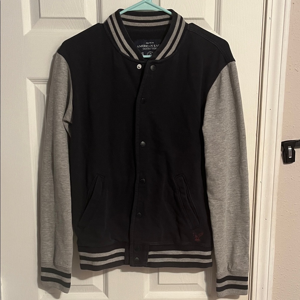 American Eagle Outfitters Men's Dark, Blue, and Gray Bomber Jacket